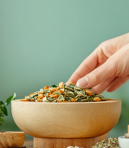 Natural botanical ingredients in wooden bowl